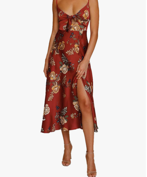 Women's strapless mid-length satin dress with shoulder straps